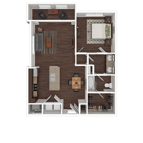 Floor plan for 1 bed, 1 bath, 842 sqft