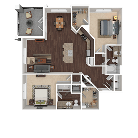 Floor plan for 2 beds, 2 baths, 1255 sqft