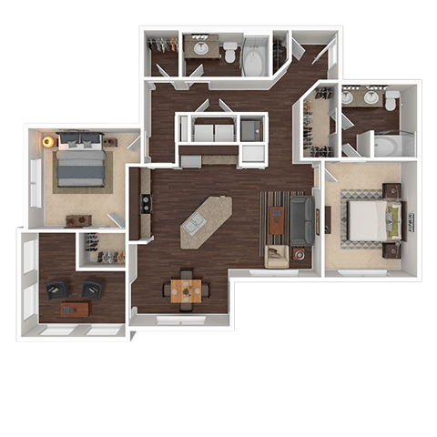 Floor plan for 2 beds, 2 baths, 1345 sqft