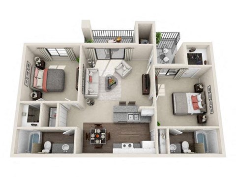 Floor plan for 2 beds, 2 baths, 956 sqft