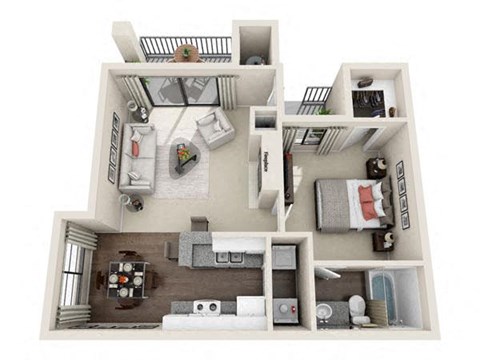 Floor plan for 1 bed, 1 bath, 715 sqft