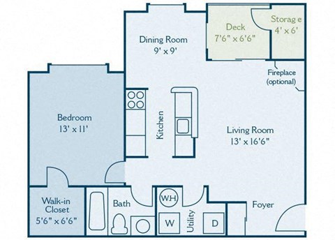 Floor plan for 1 bed, 1 bath, 741 sqft