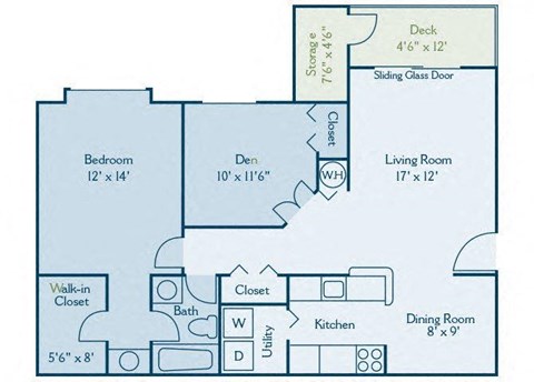 Floor plan for 1 bed, 1 bath, 956 sqft
