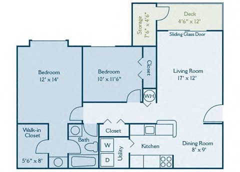 Floor plan for 2 beds, 1 bath, 956 sqft