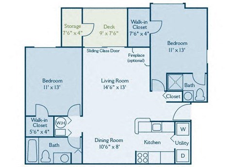 Floor plan for 2 beds, 2 baths, 965 sqft