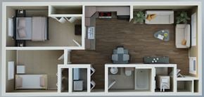 Saskatoon apartment for rent - A floor plan of a small apartment with two bedrooms and a living area.