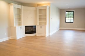Williamsville apartment for rent - an empty living room with a fireplace and white shelves