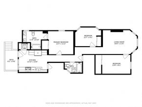 Chicago apartment for rent - A black and white floor plan of a house with a living room, two bedrooms, a bathroom, and a deck.