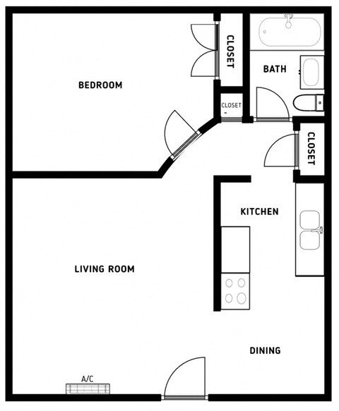 Floor plan for 1 bed, 1 bath, 554 sqft