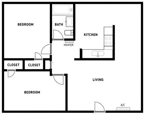 Floor plan for 2 beds, 1 bath, 768 sqft