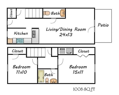 Floor plan for 2 beds, 1.5 baths, 1008 sqft