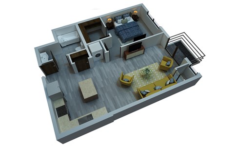Floor plan for 1 bed, 1 bath, 725 sqft