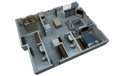 Floor plan for 2 beds, 2 baths, 965 sqft