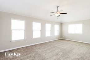 Haslet house for rent - a living room with four windows and a ceiling fan