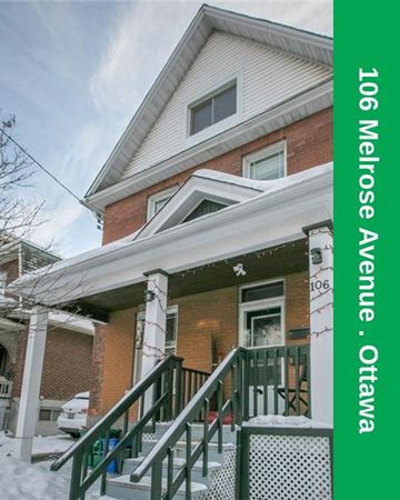 Ottawa apartment for rent - A house with a green staircase and a sign that says 106 Melrose Avenue, Ottawa.