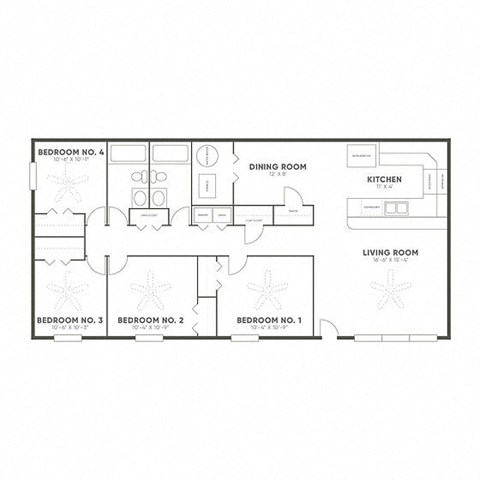 Floor plan for 4 beds, 2 baths, 1250 sqft