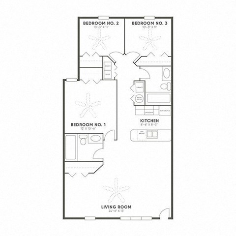 Floor plan for 3 beds, 2 baths, 1160 sqft