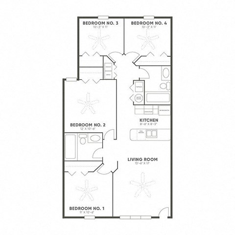 Floor plan for 4 beds, 2 baths, 1160 sqft