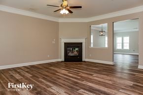Charlotte house for rent - a living room with a fireplace and a ceiling fan