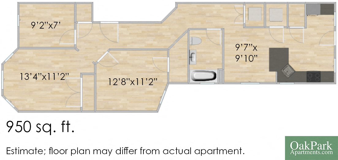 Floor plan for 2 beds, 1 bath, 950 sqft