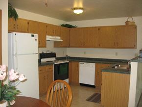 Appleton apartment for rent - a kitchen with white appliances and wooden cabinets
