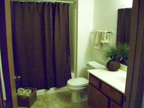 Green Bay apartment for rent - a bathroom with a toilet and a black shower curtain