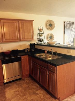 Green Bay apartment for rent - a kitchen with wooden cabinets and a stainless steel sink