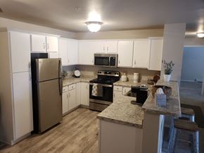 Denmark apartment for rent - A kitchen with a refrigerator, oven, and microwave.