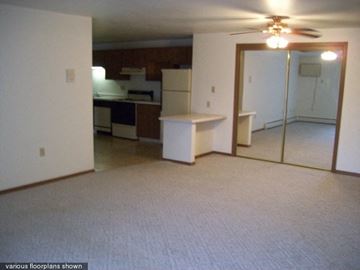 Green Bay apartment for rent - an empty living room with a kitchen and a ceiling fan