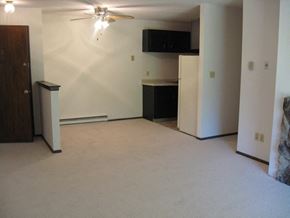 South Milwaukee apartment for rent - an empty living room and kitchen with a ceiling fan