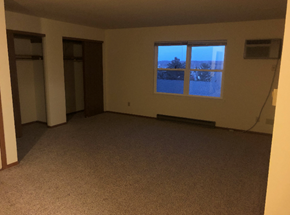 West Bend apartment for rent - A room with carpeted floor and a window overlooking a snowy landscape.