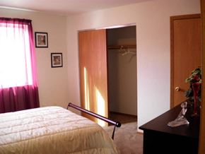 Sheboygan Falls apartment for rent - a bedroom with a bed and a closet and a door to a bathroom
