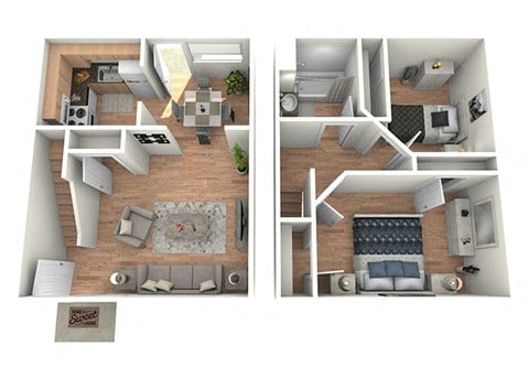 Floor plan for 2 beds, 1 bath, 1300 sqft