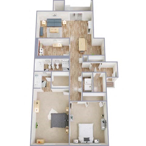 Floor plan for 2 beds, 1.3 baths, 1050 sqft