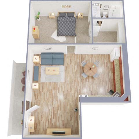 Floor plan for 1 bed, 1 bath, 661 sqft