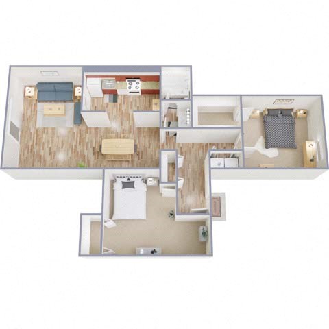 Floor plan for 2 beds, 1 bath, 1027 sqft