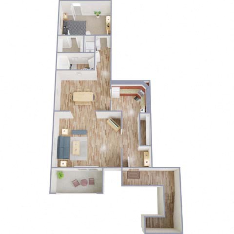 Floor plan for 1 bed, 1 bath, 864 sqft