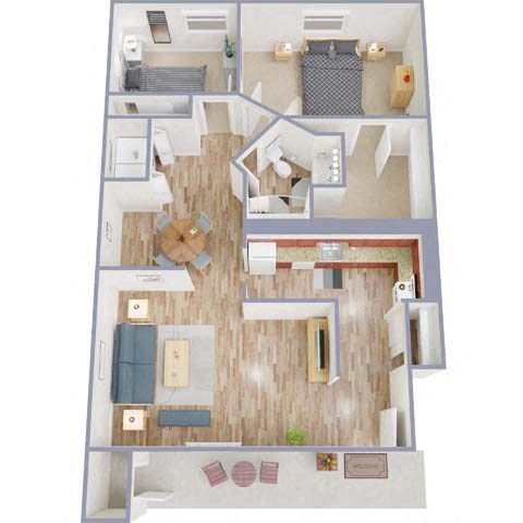 Floor plan for 2 beds, 1 bath, 990 sqft