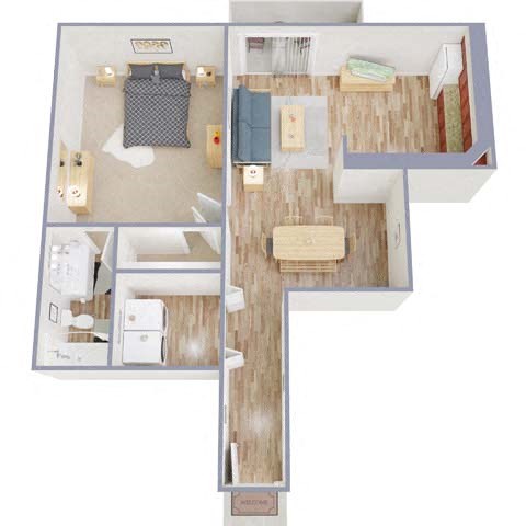 Floor plan for 1 bed, 1 bath, 630 sqft