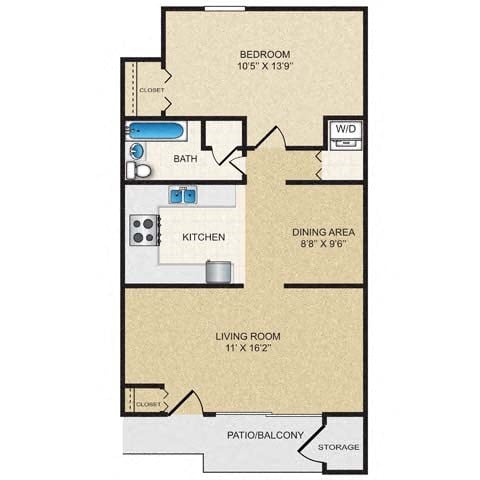 Floor plan for 1 bed, 1 bath, 760 sqft