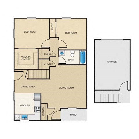 Floor plan for 2 beds, 1 bath