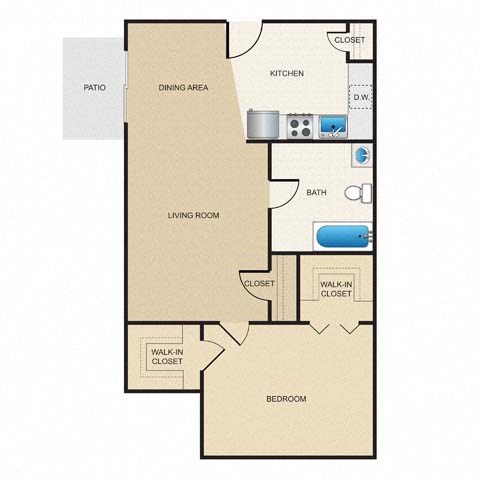 Floor plan for 1 bed, 1 bath, 700 sqft
