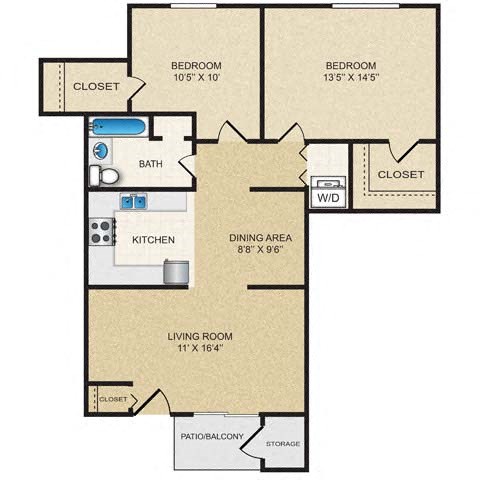 Floor plan for 2 beds, 1 bath, 955 sqft