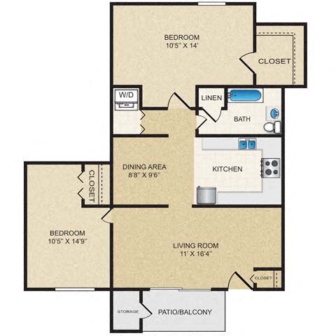 Floor plan for 2 beds, 1 bath, 890 sqft