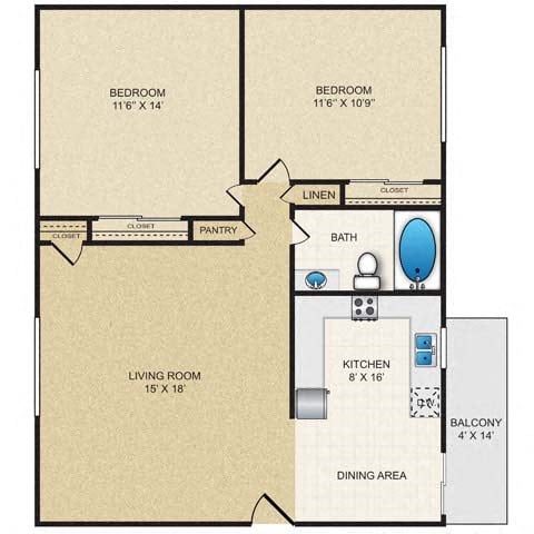 Floor plan for 2 beds, 1 bath, 814 sqft