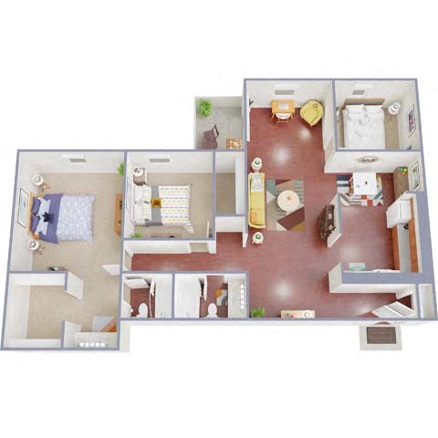 Floor plan for 3 beds, 2 baths, 1280 sqft