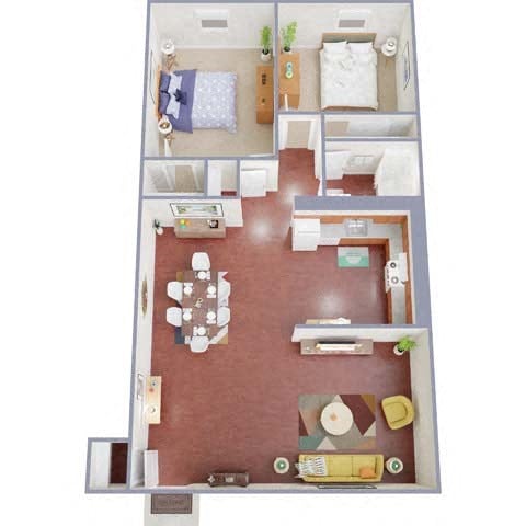 Floor plan for 2 beds, 1 bath, 960 sqft