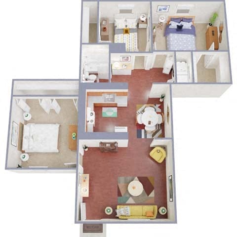 Floor plan for 3 beds, 1 bath, 925 sqft