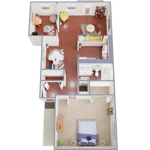 Floor plan for 1 bed, 1 bath, 886 sqft