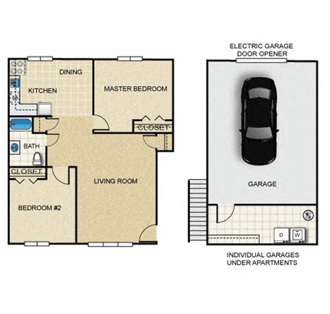 Floor plan for 2 beds, 1 bath, 760 sqft